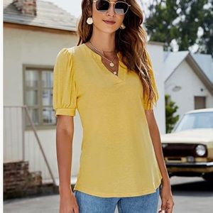 Buff Sleeve V-Neck Short Sleeve Blouse